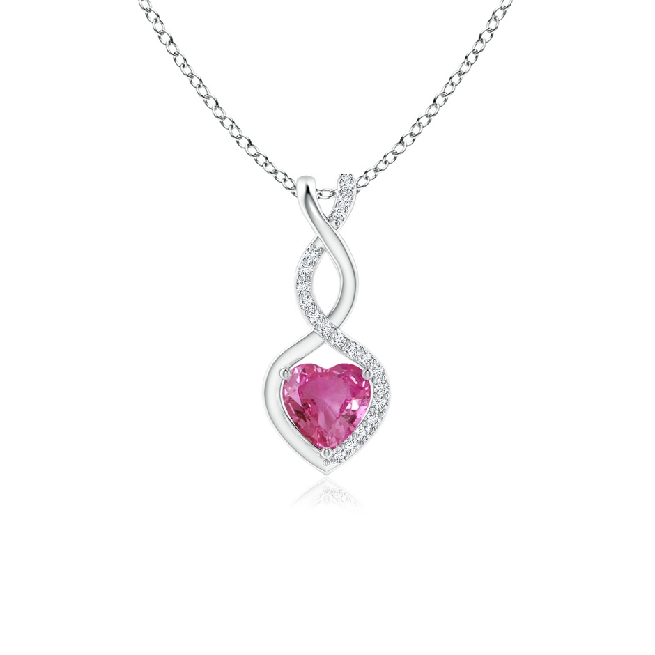 5mm AAAA Pink Sapphire Infinity Heart Pendant with Diamonds in White Gold 