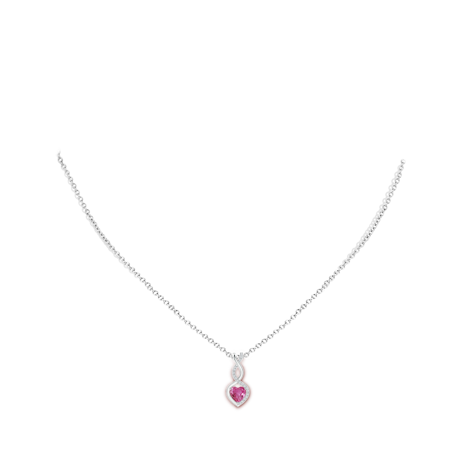 5mm AAAA Pink Sapphire Infinity Heart Pendant with Diamonds in White Gold body-neck