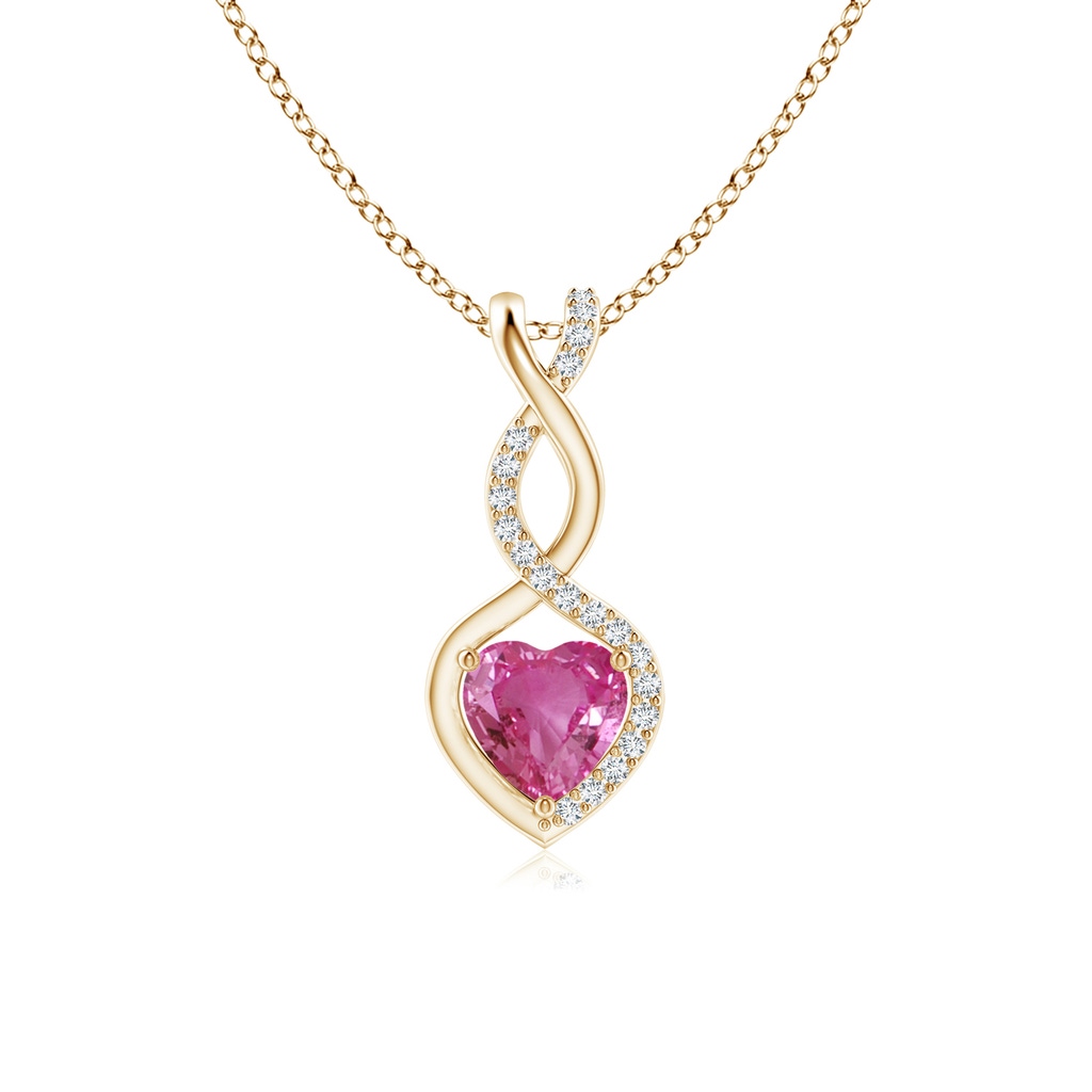 5mm AAAA Pink Sapphire Infinity Heart Pendant with Diamonds in Yellow Gold 