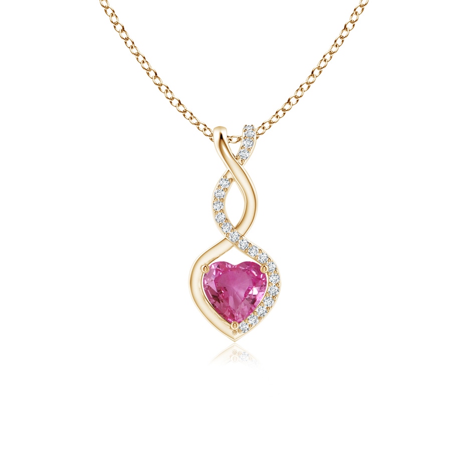 5mm AAAA Heart-Shaped Pink Sapphire Infinity Pendant with Diamond Accents in Yellow Gold 
