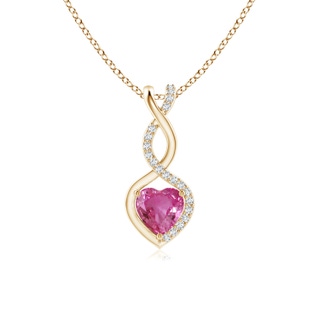 5mm AAAA Pink Sapphire Infinity Heart Pendant with Diamonds in Yellow Gold