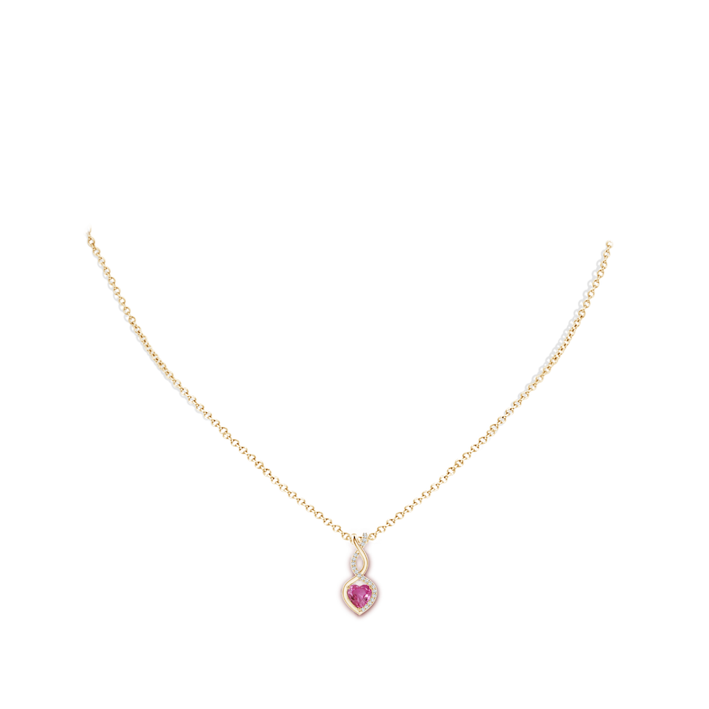 5mm AAAA Pink Sapphire Infinity Heart Pendant with Diamonds in Yellow Gold Body-Neck