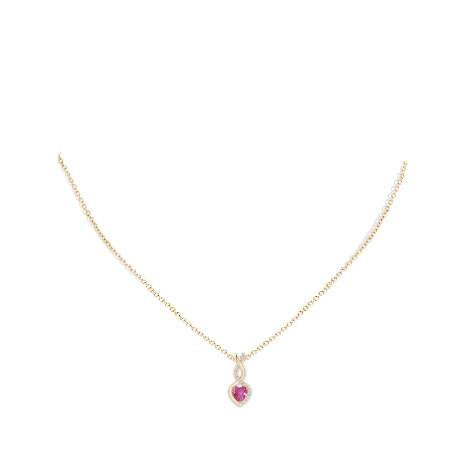 5mm AAAA Heart-Shaped Pink Sapphire Infinity Pendant with Diamond Accents in Yellow Gold pen