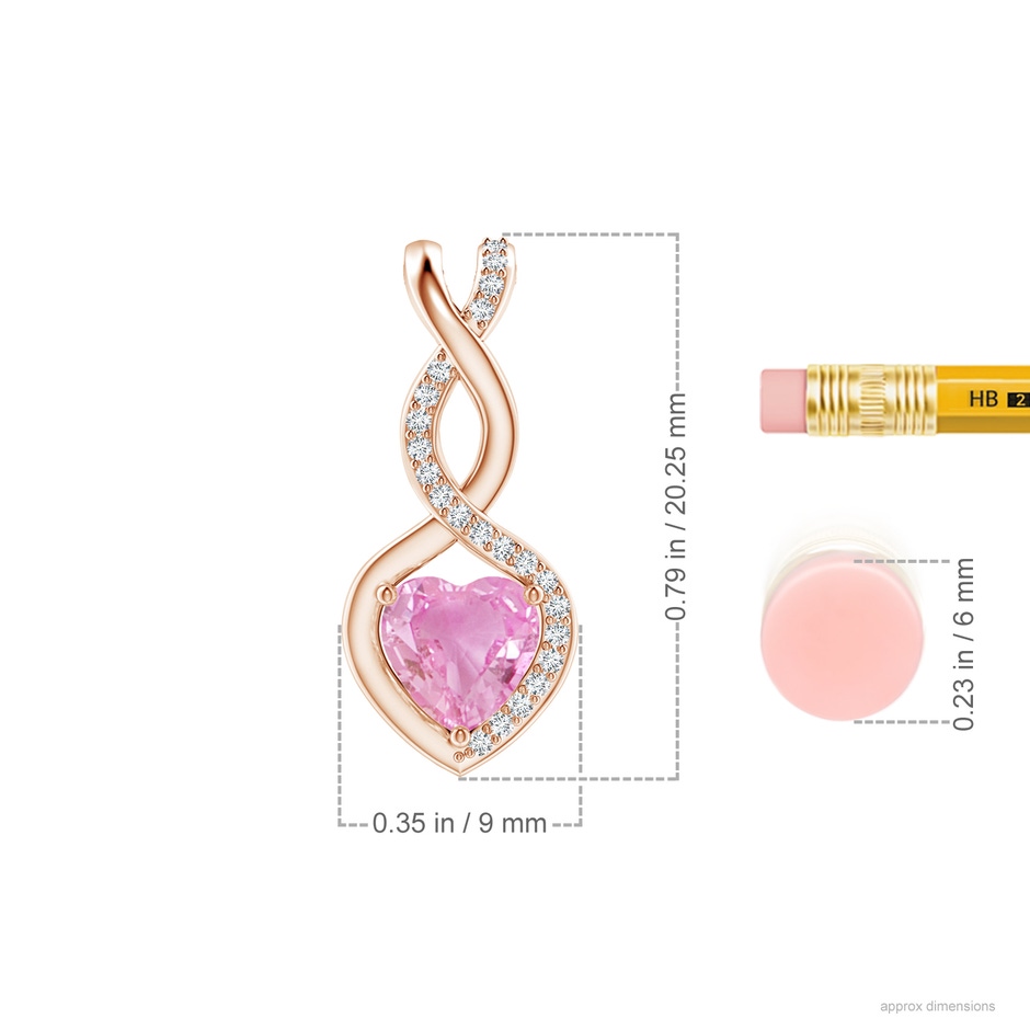 6mm A Heart-Shaped Pink Sapphire Infinity Pendant with Diamond Accents in Rose Gold ruler