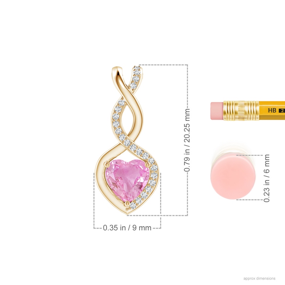 6mm A Heart-Shaped Pink Sapphire Infinity Pendant with Diamond Accents in Yellow Gold ruler