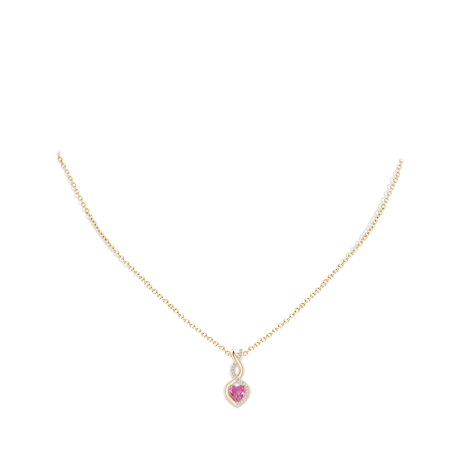 6mm AAA Heart-Shaped Pink Sapphire Infinity Pendant with Diamond Accents in Yellow Gold pen