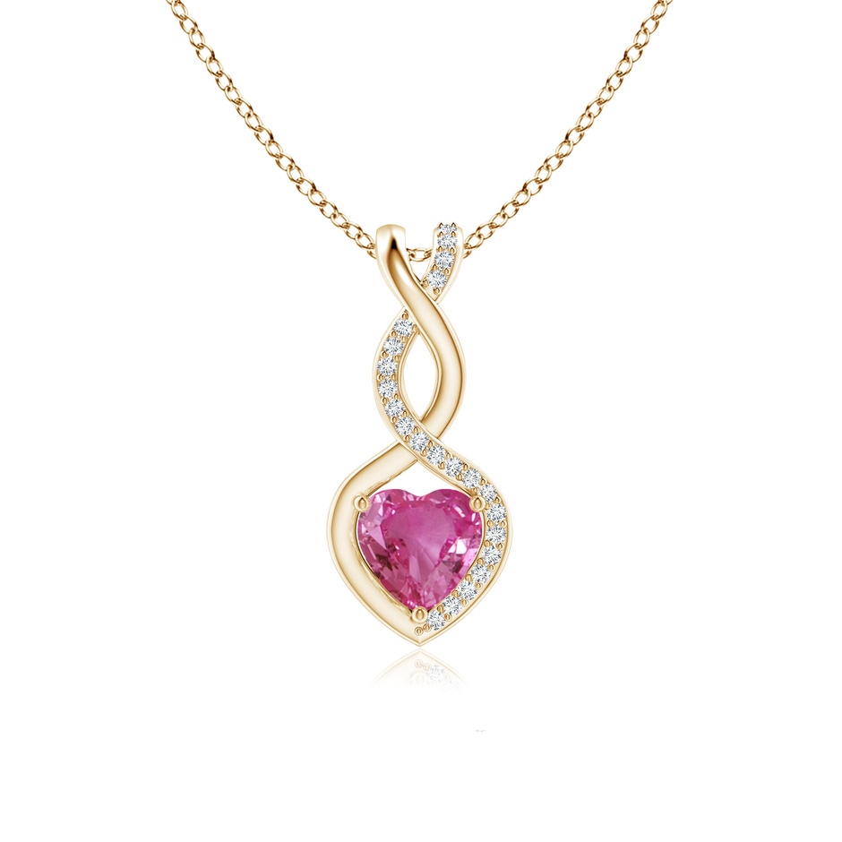 6mm AAAA Heart-Shaped Pink Sapphire Infinity Pendant with Diamond Accents in Yellow Gold 