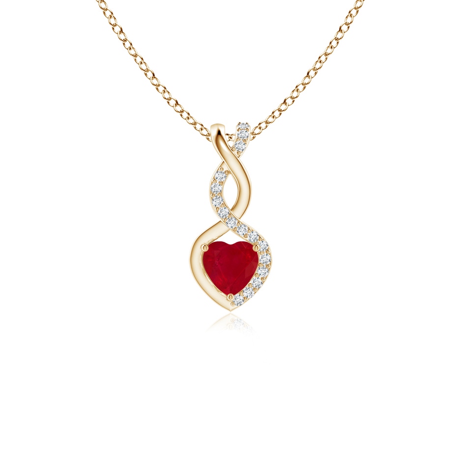 4mm AA Heart-Shaped Ruby Infinity Pendant with Diamond Accents in Yellow Gold 