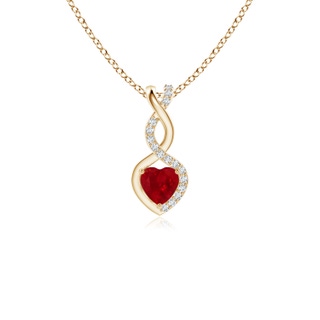 4mm AAA Ruby Infinity Heart Pendant with Diamonds in Yellow Gold