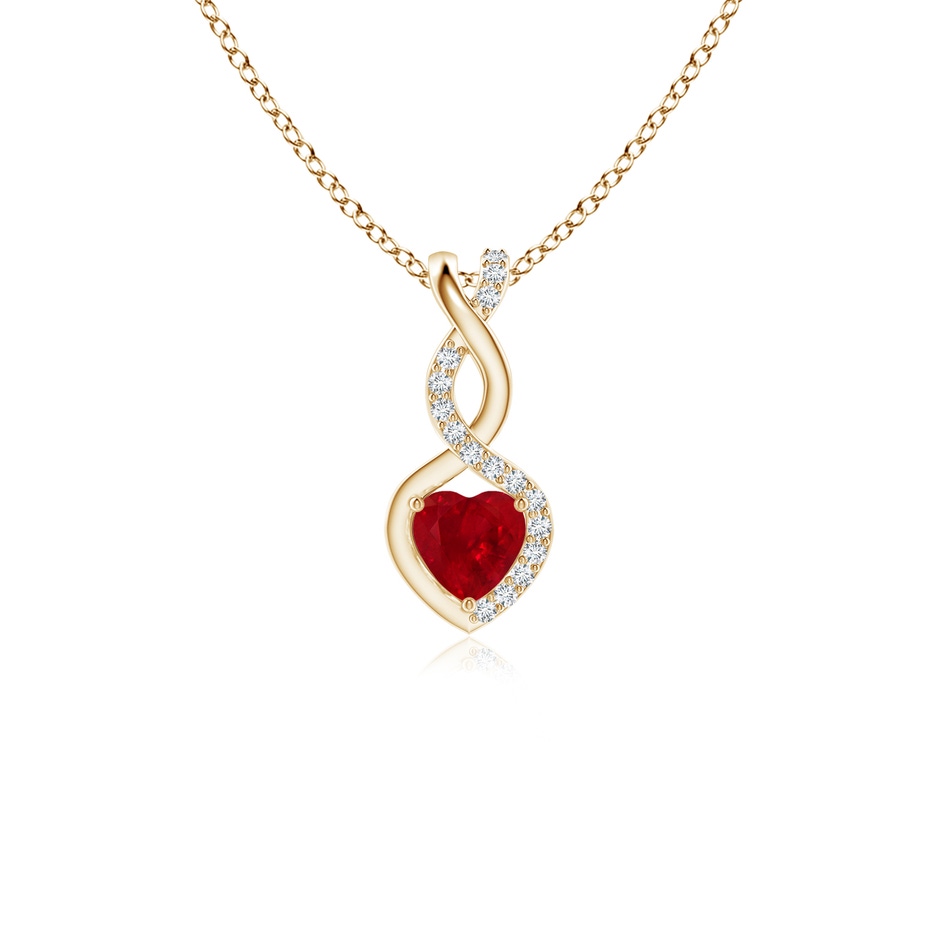 4mm AAA Heart-Shaped Ruby Infinity Pendant with Diamond Accents in Yellow Gold 