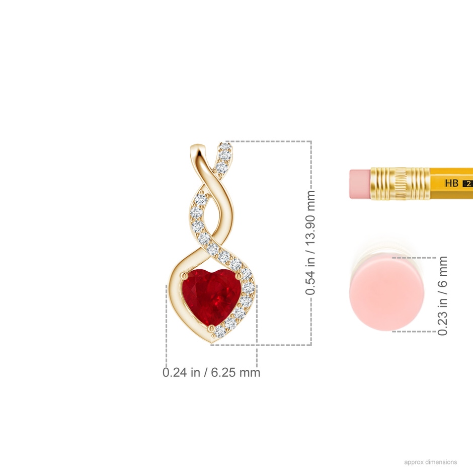 4mm AAA Heart-Shaped Ruby Infinity Pendant with Diamond Accents in Yellow Gold ruler