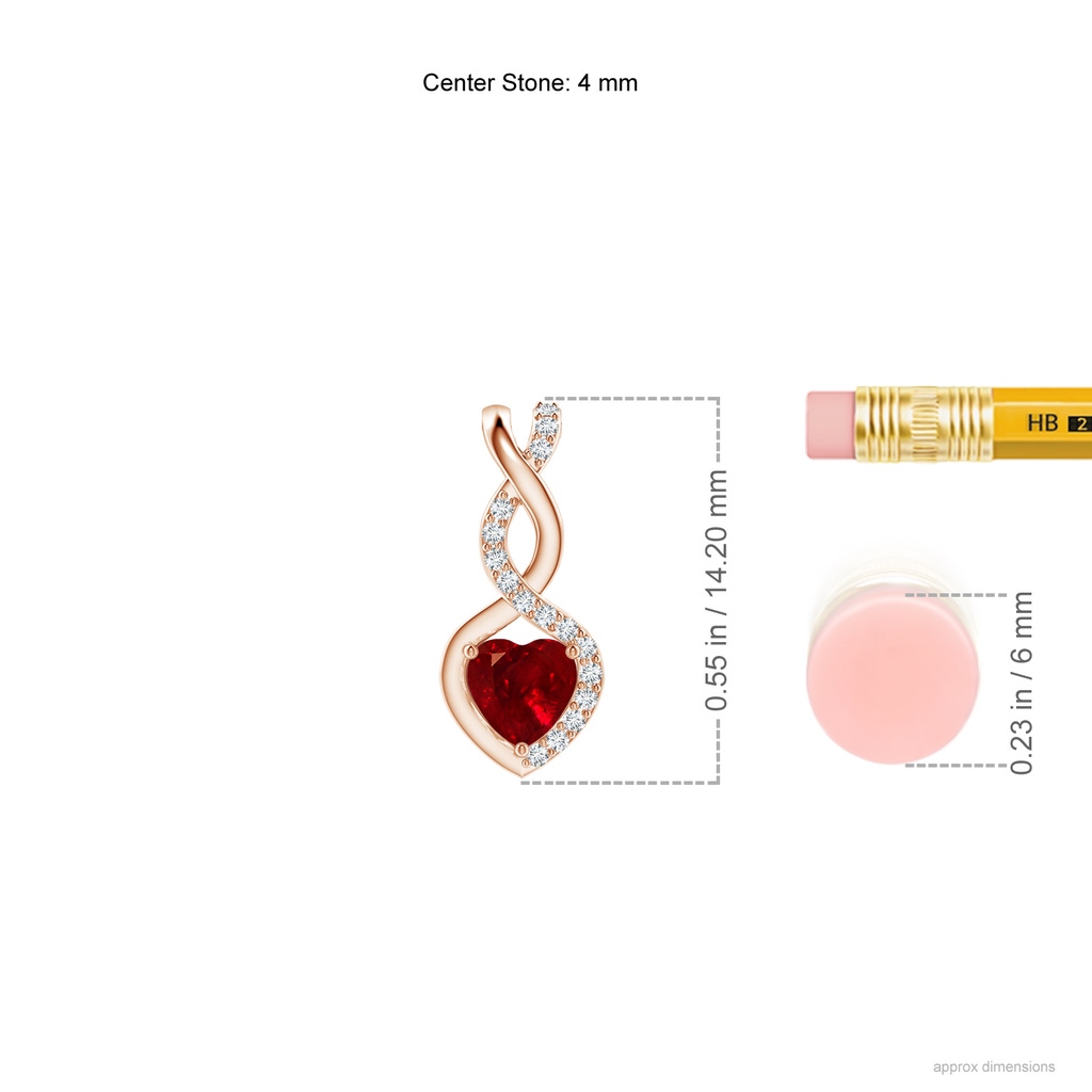 4mm AAAA Ruby Infinity Heart Pendant with Diamonds in Rose Gold Ruler