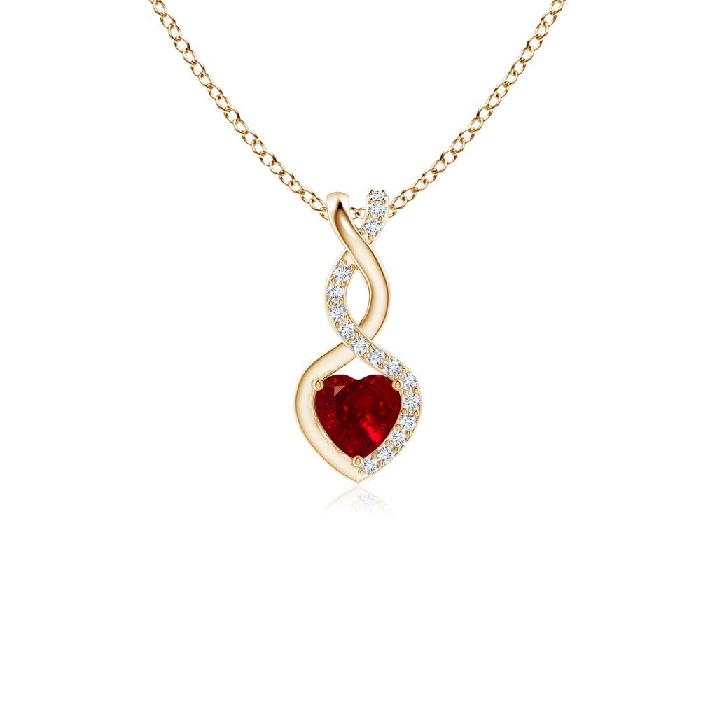 4mm AAAA Ruby Infinity Heart Pendant with Diamonds in Yellow Gold