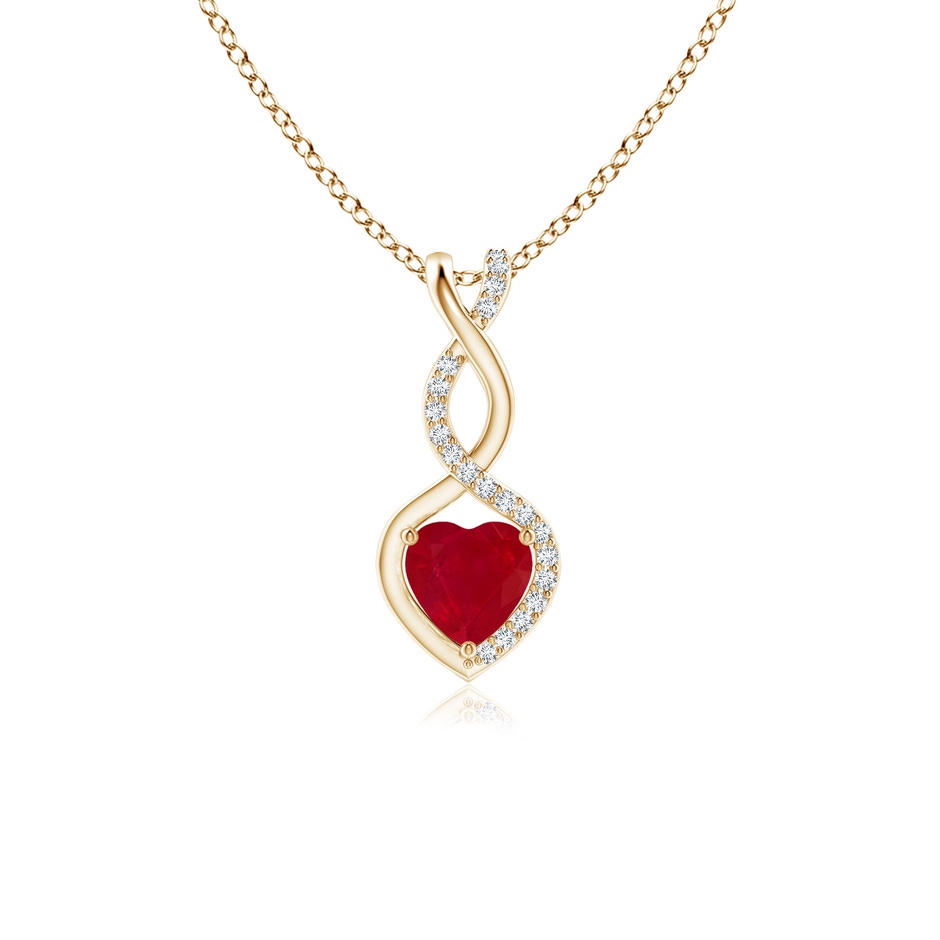 5mm AA Heart-Shaped Ruby Infinity Pendant with Diamond Accents in Yellow Gold 