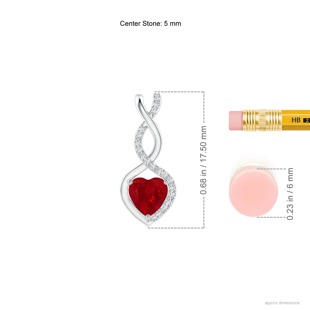 5mm AAA Ruby Infinity Heart Pendant with Diamonds in 18K White Gold Ruler