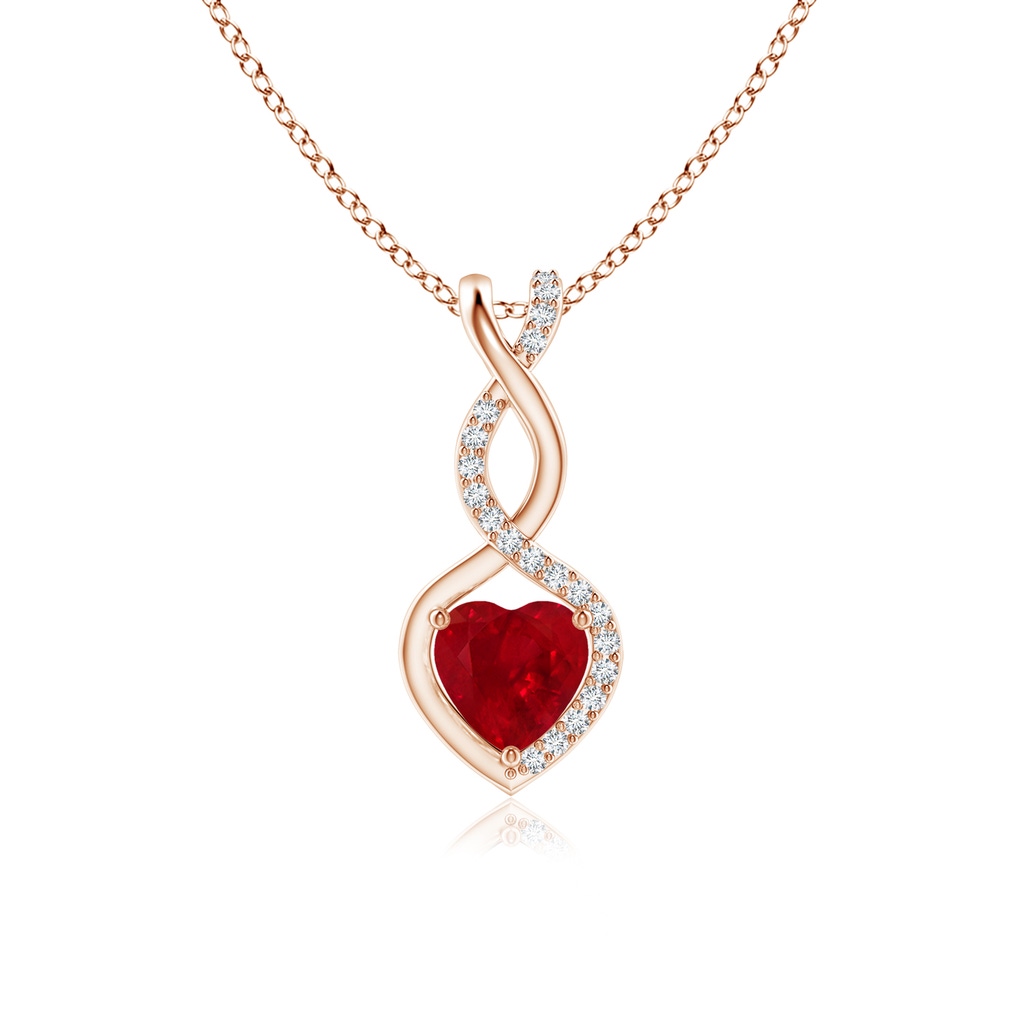 5mm AAA Ruby Infinity Heart Pendant with Diamonds in Rose Gold 