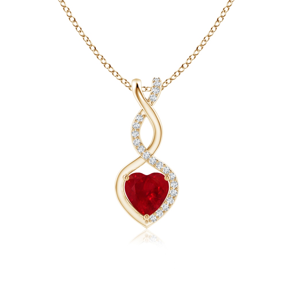 5mm AAA Ruby Infinity Heart Pendant with Diamonds in Yellow Gold 