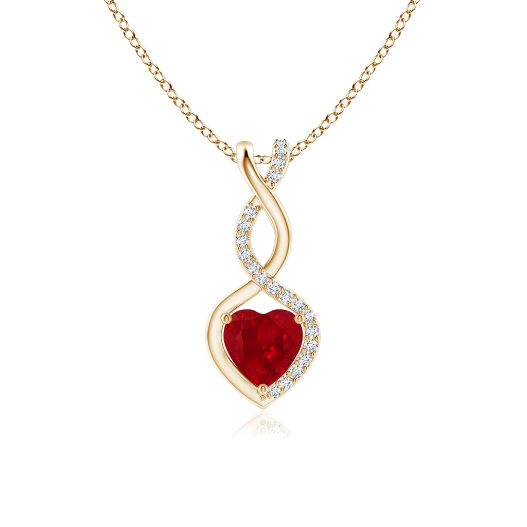 5mm AAA Ruby Infinity Heart Pendant with Diamonds in Yellow Gold