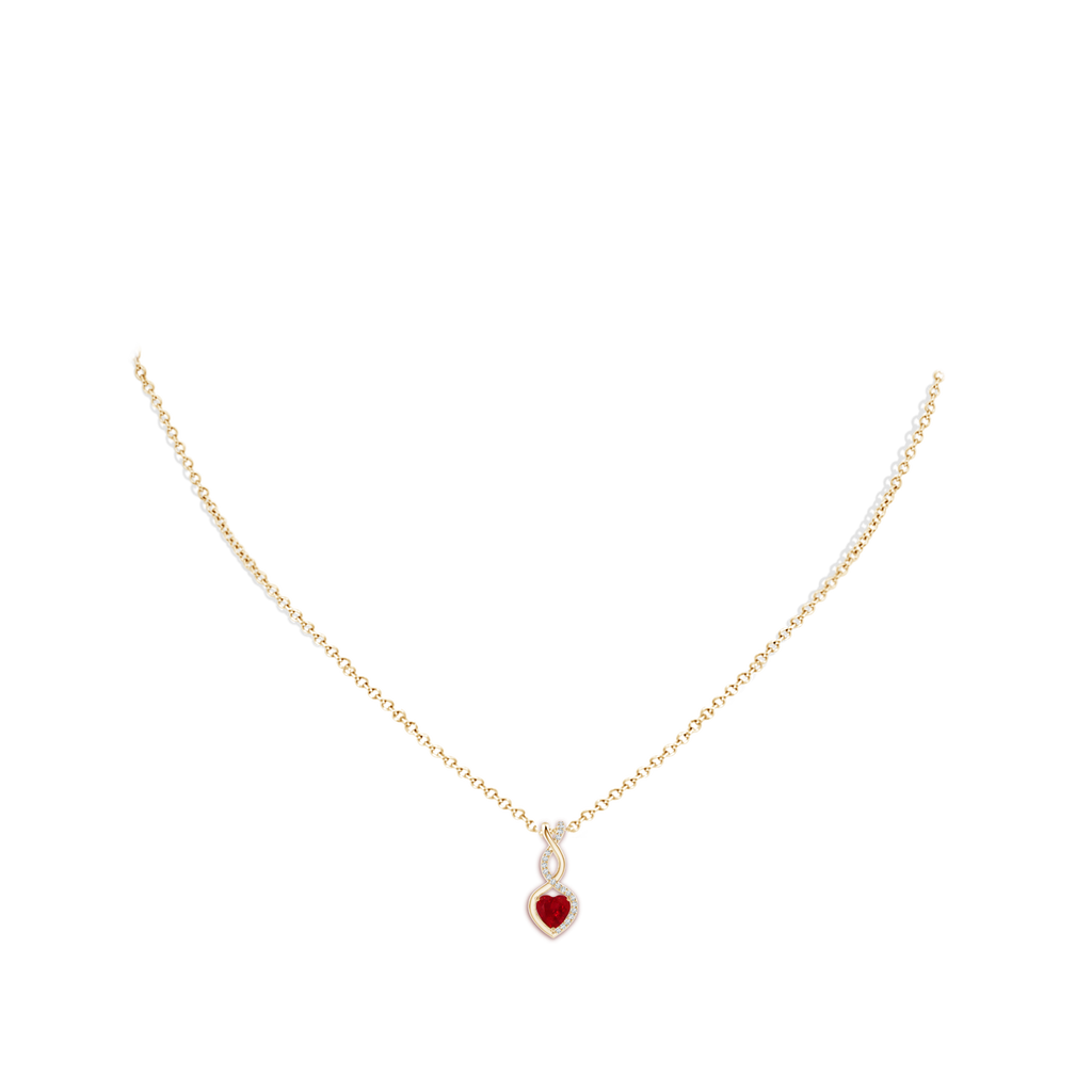 5mm AAA Ruby Infinity Heart Pendant with Diamonds in Yellow Gold Body-Neck
