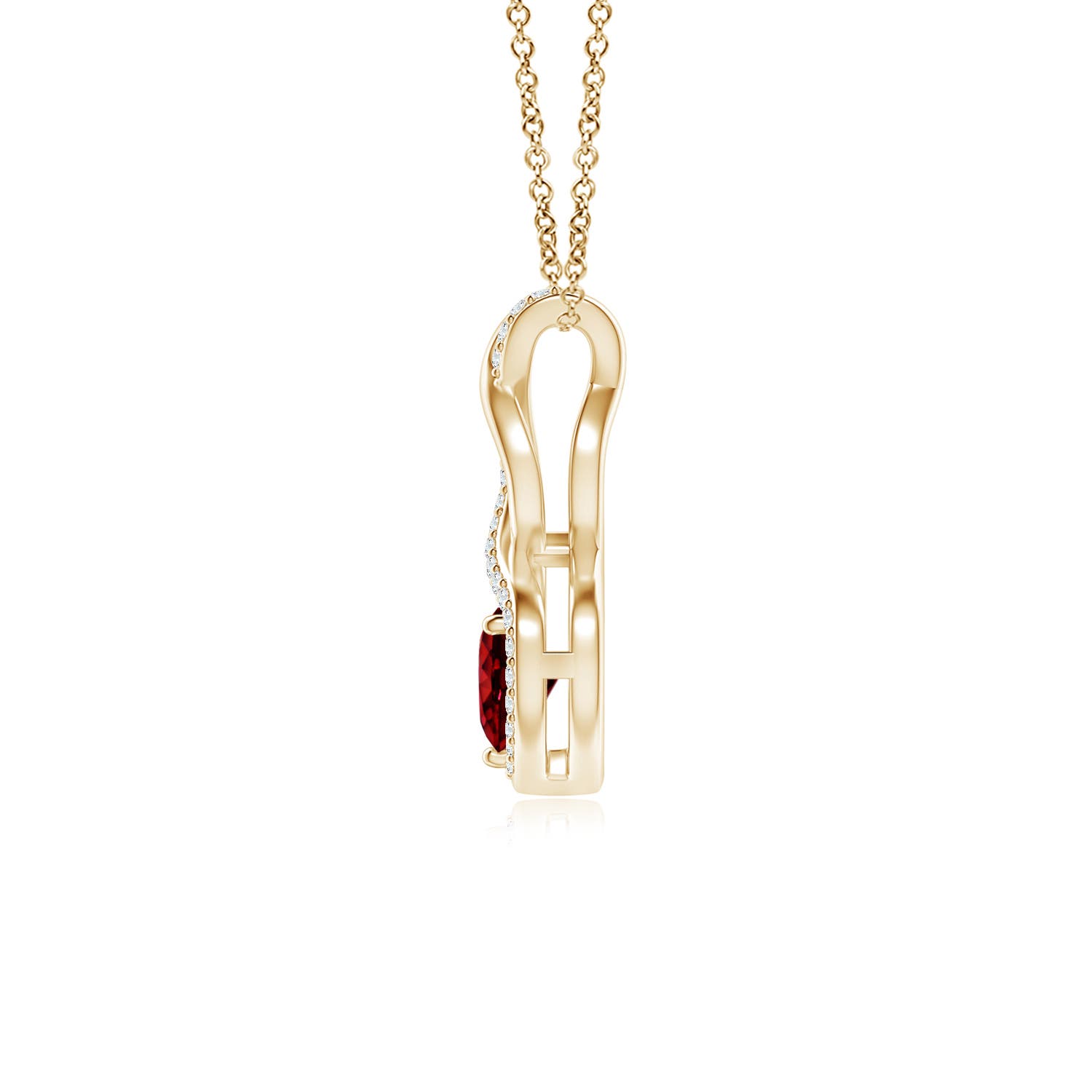 5mm AAAA Heart-Shaped Ruby Infinity Pendant with Diamond Accents in Yellow Gold