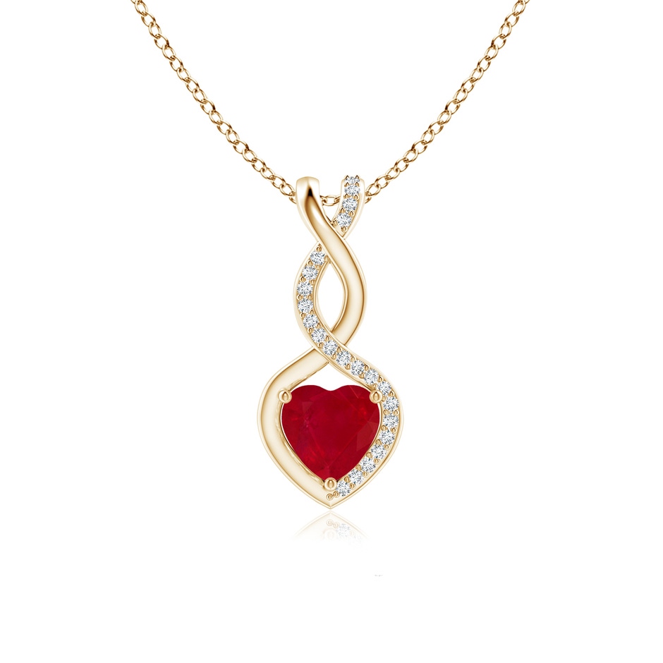 6mm AA Heart-Shaped Ruby Infinity Pendant with Diamond Accents in Yellow Gold 