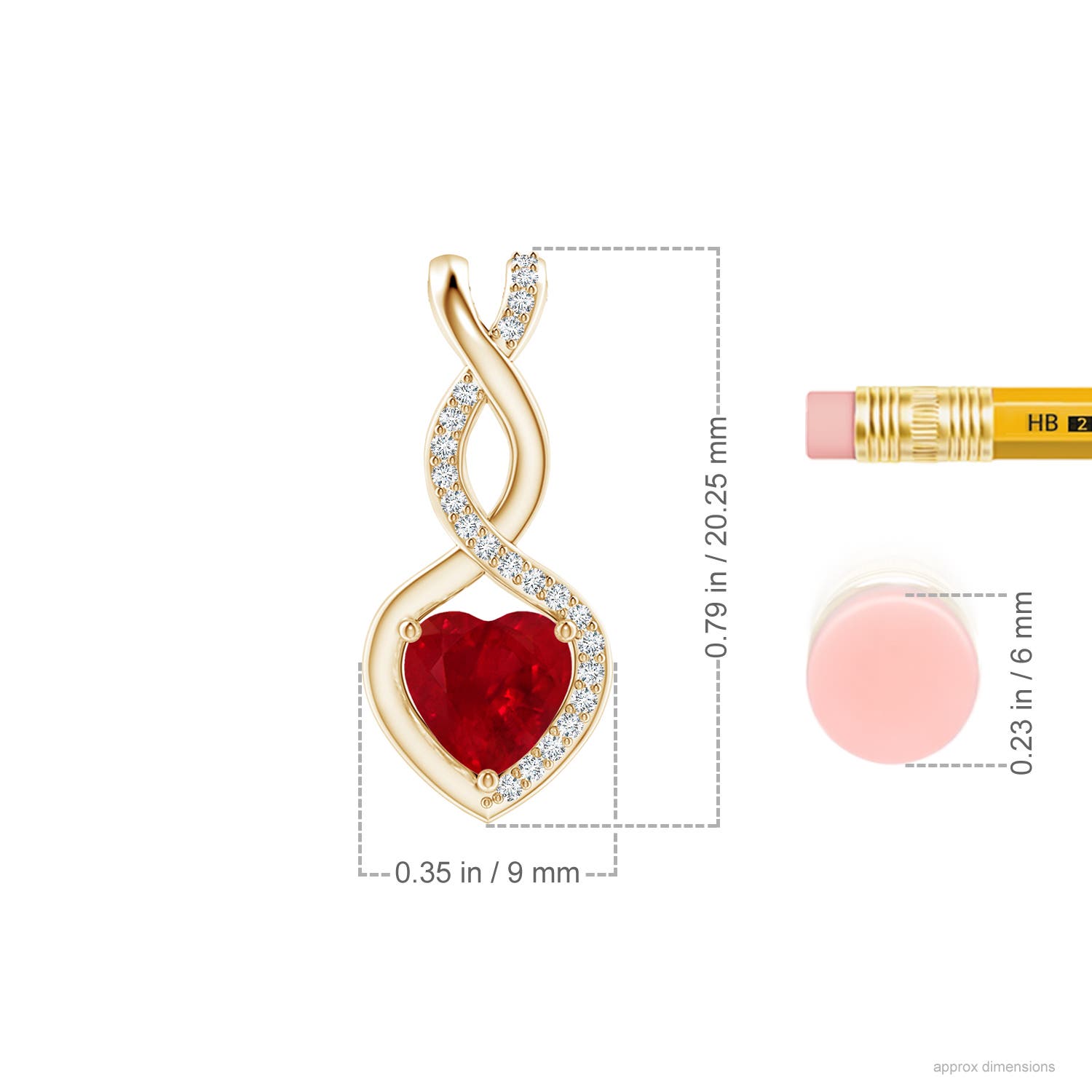 6mm AAA Heart-Shaped Ruby Infinity Pendant with Diamond Accents in 18K Yellow Gold - ruler