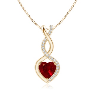 6mm AAAA Ruby Infinity Heart Pendant with Diamonds in Yellow Gold