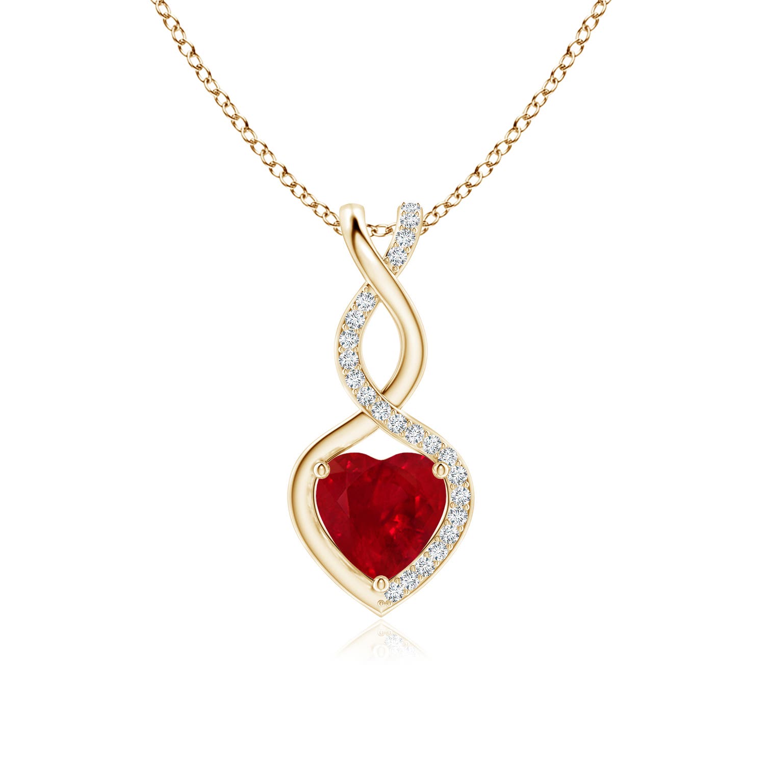 7mm AAA Heart-Shaped Ruby Infinity Pendant with Diamond Accents in Yellow Gold