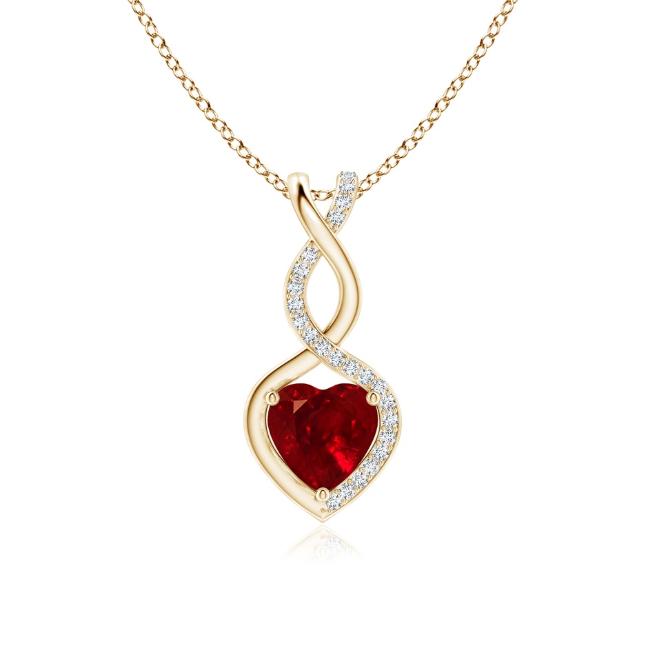 7mm AAAA Heart-Shaped Ruby Infinity Pendant with Diamond Accents in Yellow Gold 