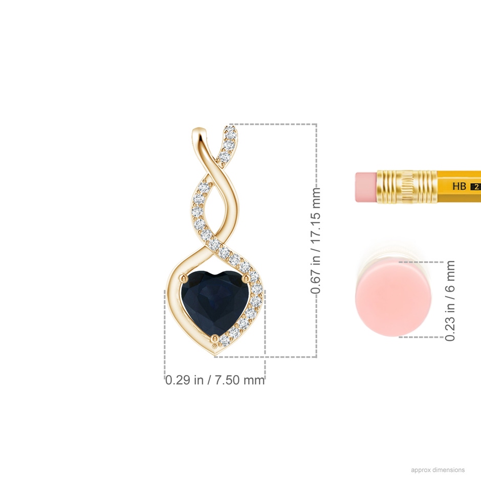 5mm A Heart-Shaped Blue Sapphire Infinity Pendant with Diamond Accents in Yellow Gold ruler