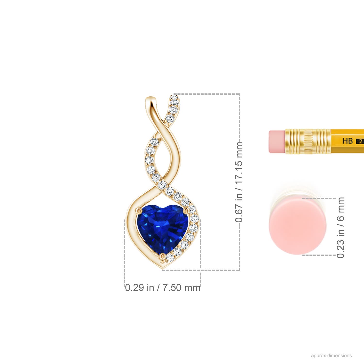 5mm AAAA Heart-Shaped Blue Sapphire Infinity Pendant with Diamond Accents in Yellow Gold - ruler