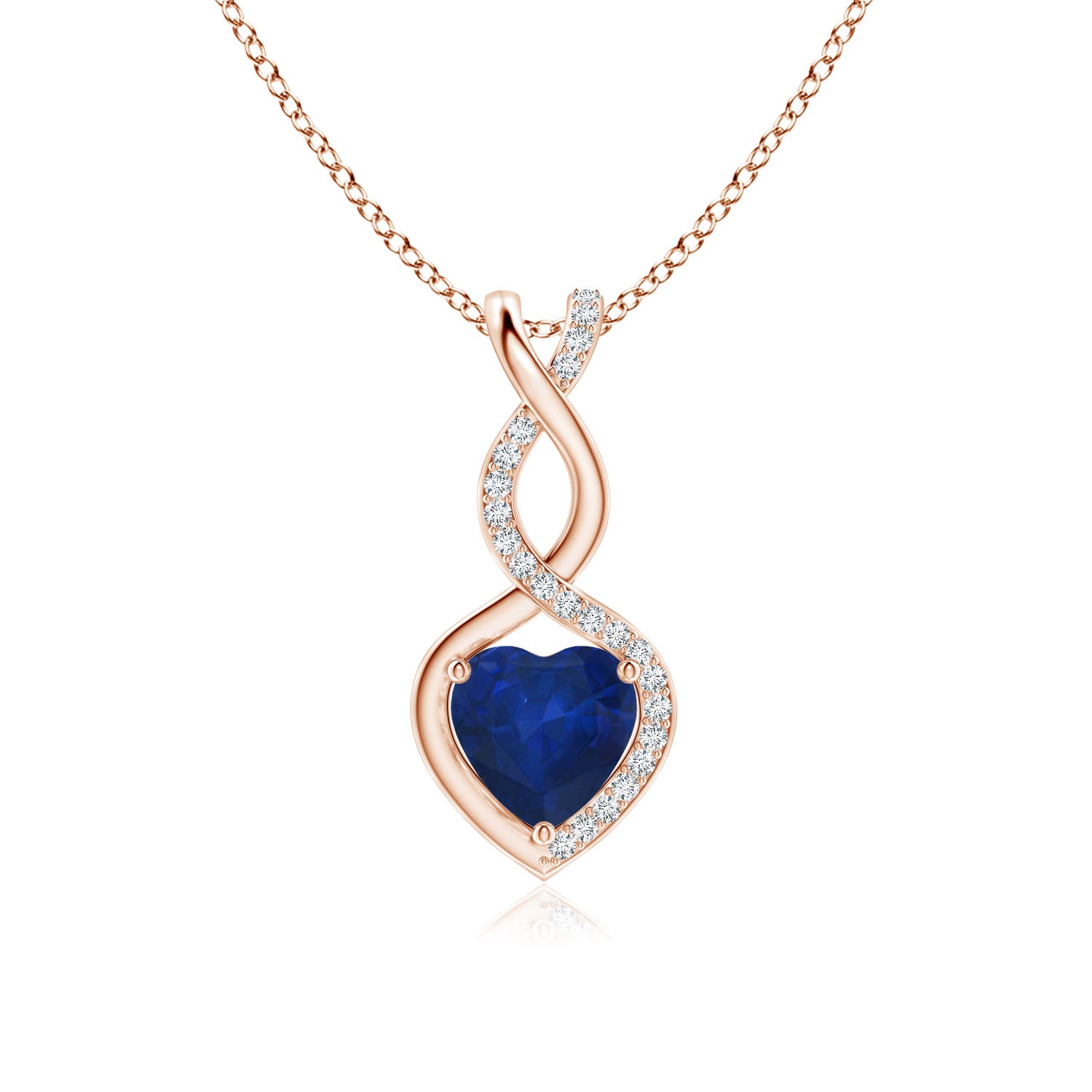 7mm AA Heart-Shaped Blue Sapphire Infinity Pendant with Diamond Accents in Rose Gold
