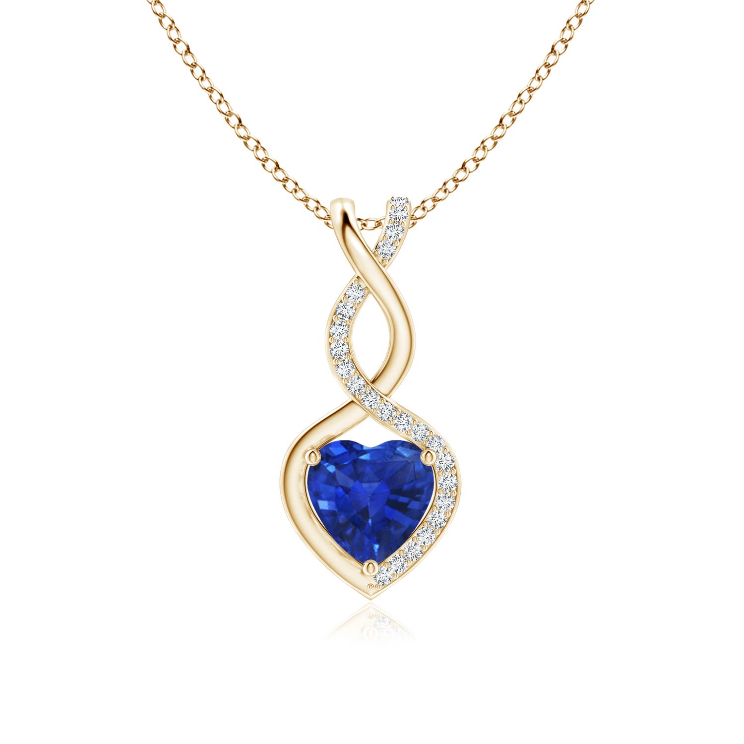 7mm AAA Heart-Shaped Blue Sapphire Infinity Pendant with Diamond Accents in Yellow Gold