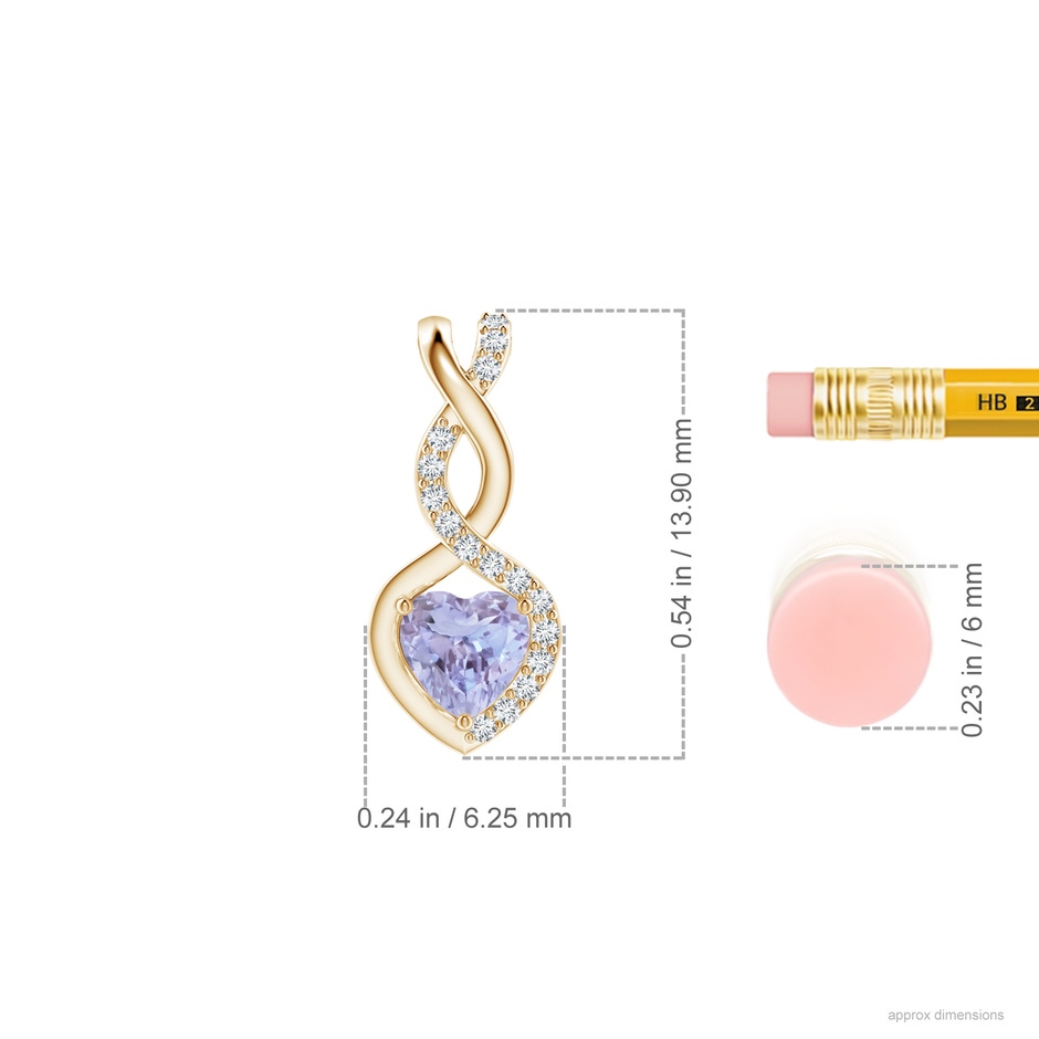4mm A Heart-Shaped Tanzanite Infinity Pendant with Diamond Accents in Yellow Gold ruler