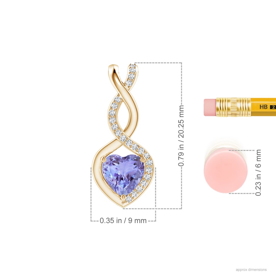 6mm AA Heart-Shaped Tanzanite Infinity Pendant with Diamond Accents in Yellow Gold ruler