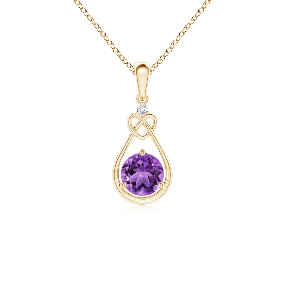 5mm AA Amethyst Knotted Heart Pendant with Diamond in Yellow Gold 