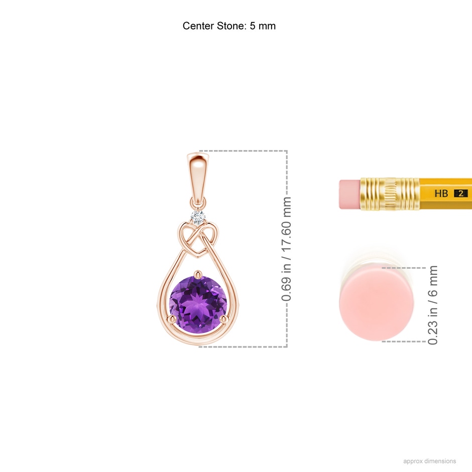 5mm AAA Amethyst Knotted Heart Pendant with Diamond in Rose Gold ruler