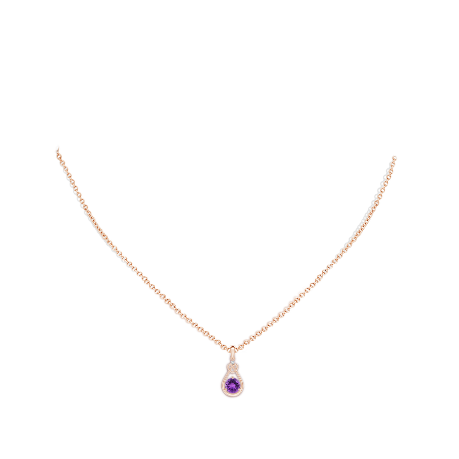 5mm AAA Amethyst Knotted Heart Pendant with Diamond in Rose Gold body-neck