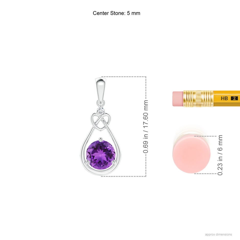 5mm AAA Amethyst Knotted Heart Pendant with Diamond in White Gold ruler