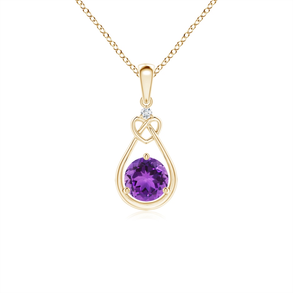 5mm AAA Amethyst Knotted Heart Pendant with Diamond in Yellow Gold 