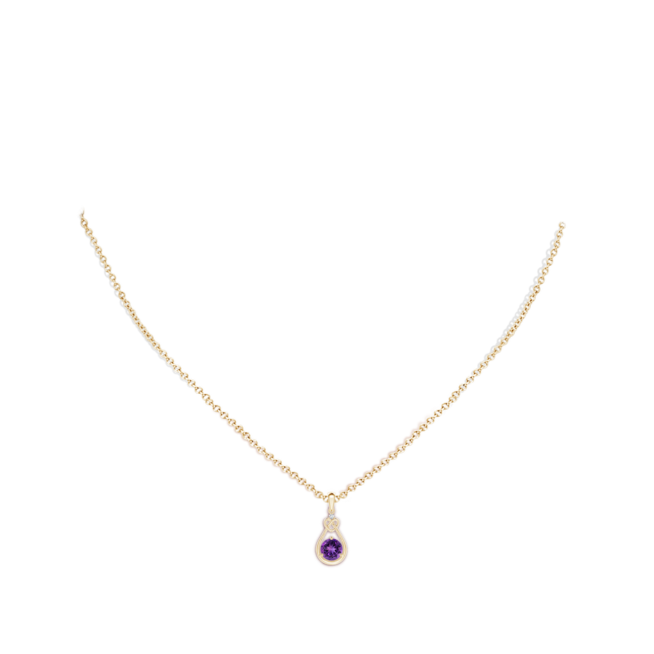 5mm AAAA Amethyst Knotted Heart Pendant with Diamond in Yellow Gold body-neck