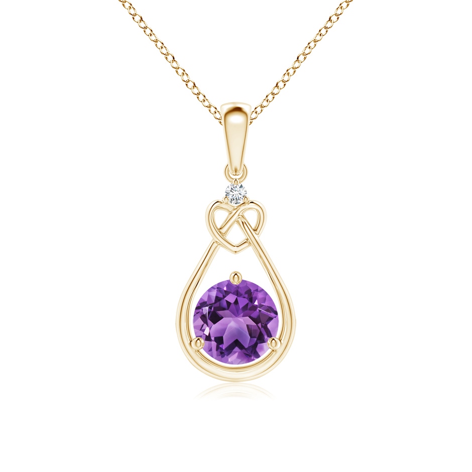 6mm AA Amethyst Knotted Heart Pendant with Diamond in Yellow Gold 