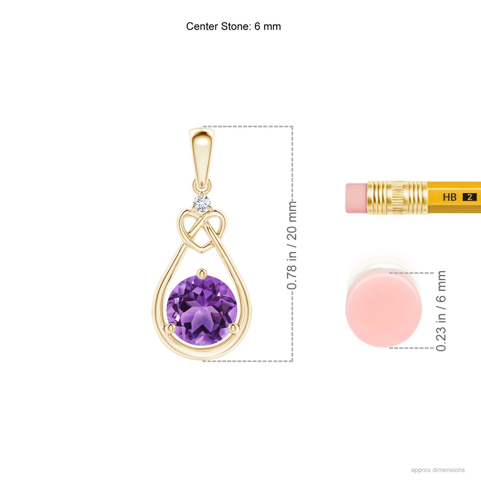 6mm AA Amethyst Knotted Heart Pendant with Diamond in Yellow Gold ruler