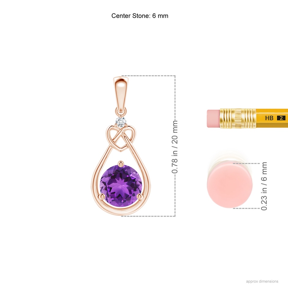 6mm AAA Amethyst Knotted Heart Pendant with Diamond in Rose Gold ruler
