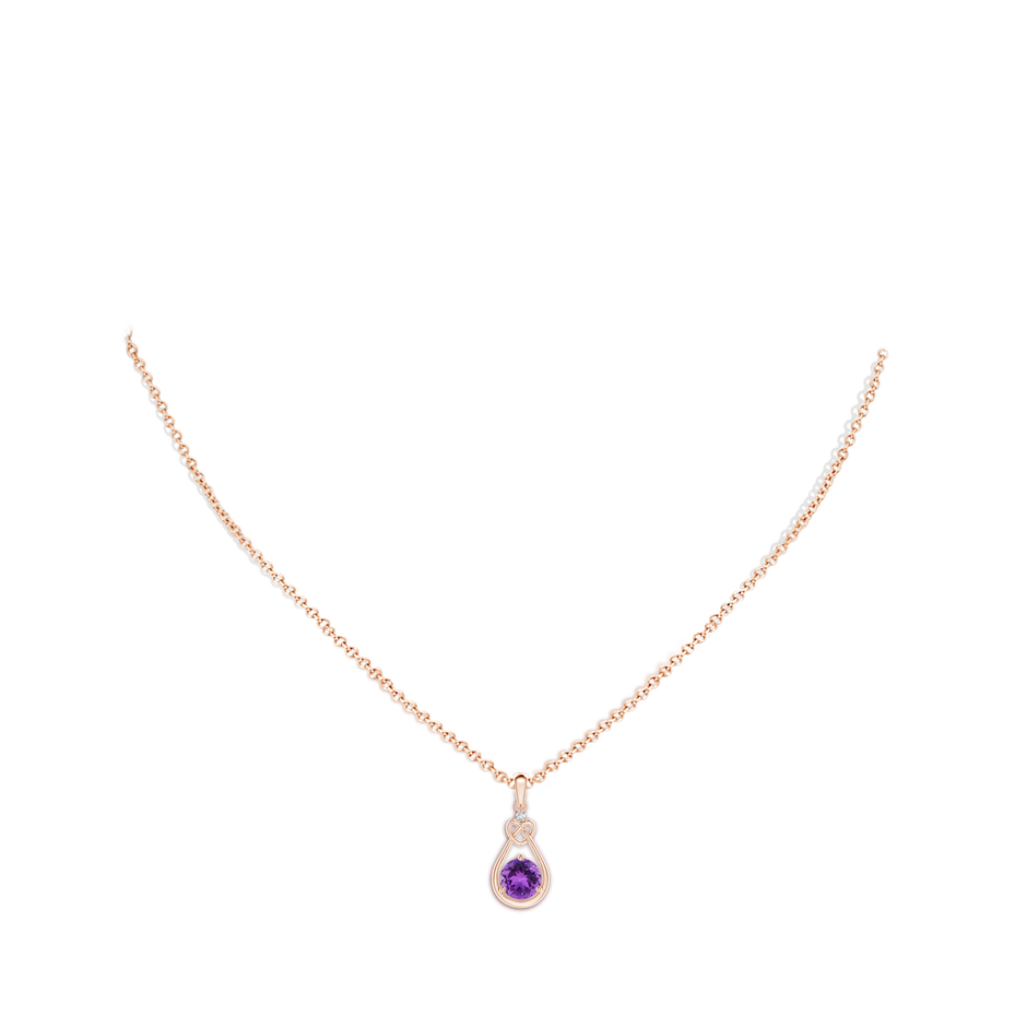 6mm AAA Amethyst Knotted Heart Pendant with Diamond in Rose Gold body-neck