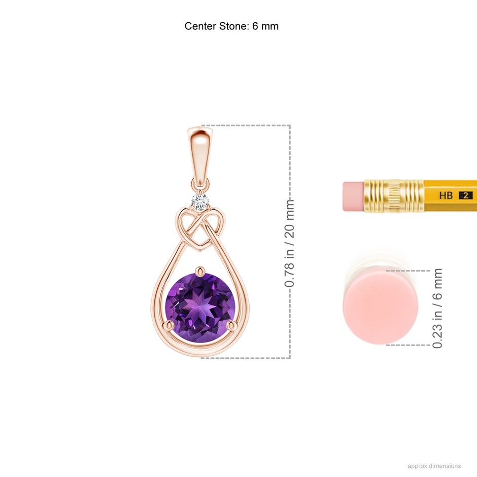 6mm AAAA Amethyst Knotted Heart Pendant with Diamond in Rose Gold ruler