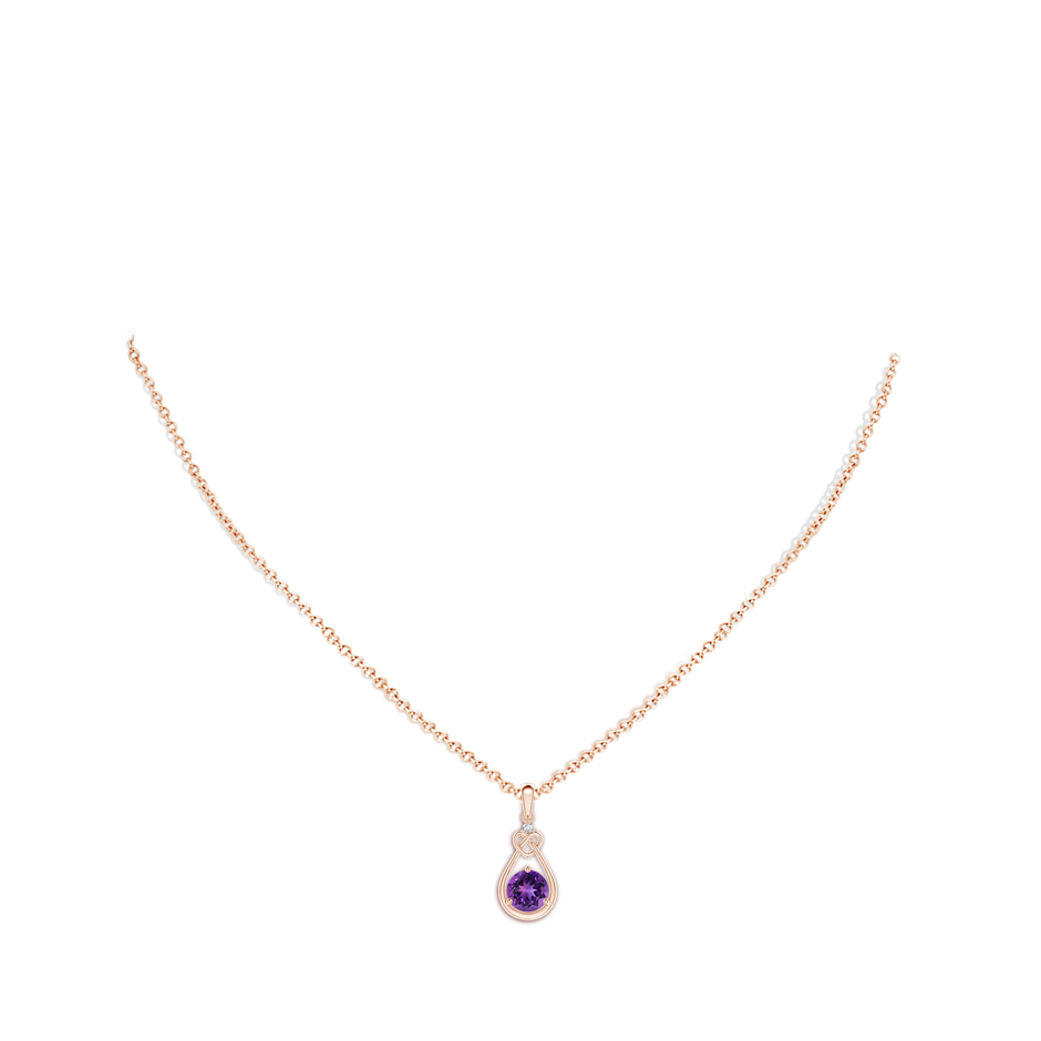 6mm AAAA Amethyst Knotted Heart Pendant with Diamond in Rose Gold body-neck