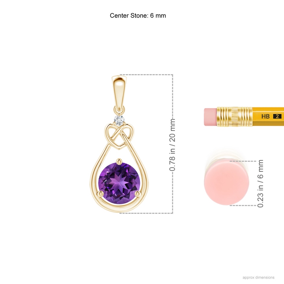 6mm AAAA Amethyst Knotted Heart Pendant with Diamond in Yellow Gold ruler
