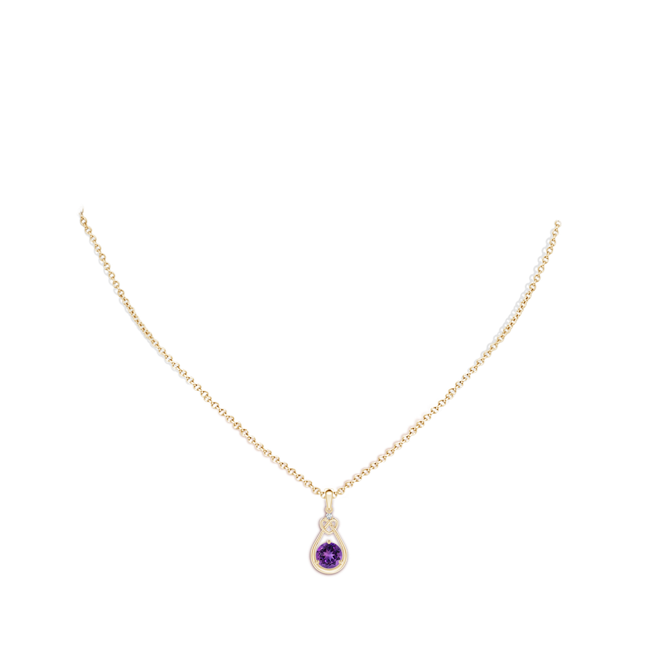 6mm AAAA Amethyst Knotted Heart Pendant with Diamond in Yellow Gold body-neck