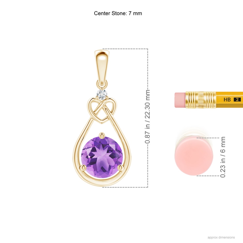7mm A Amethyst Knotted Heart Pendant with Diamond in Yellow Gold ruler